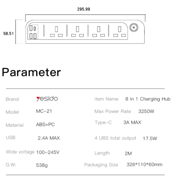 MC21 Yesido 8 in 1 Safe protection 3.5A high-power output Fast charging USB port 2M Length Charging Hub